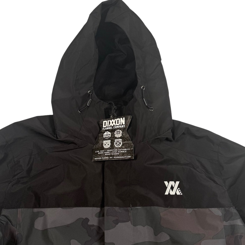 Dixxon Flannel Co Tech Jacket Mens Large Black Camo Hooded‎ Windbreaker New